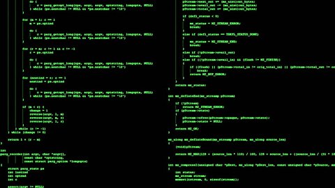 A 4K animation of two classic terminal screens, showing public domain source code projects running or scrolling down, green on black.
