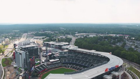 Atlanta Aerial - Birdseye closeup flying around baseball stadium before game 11/17