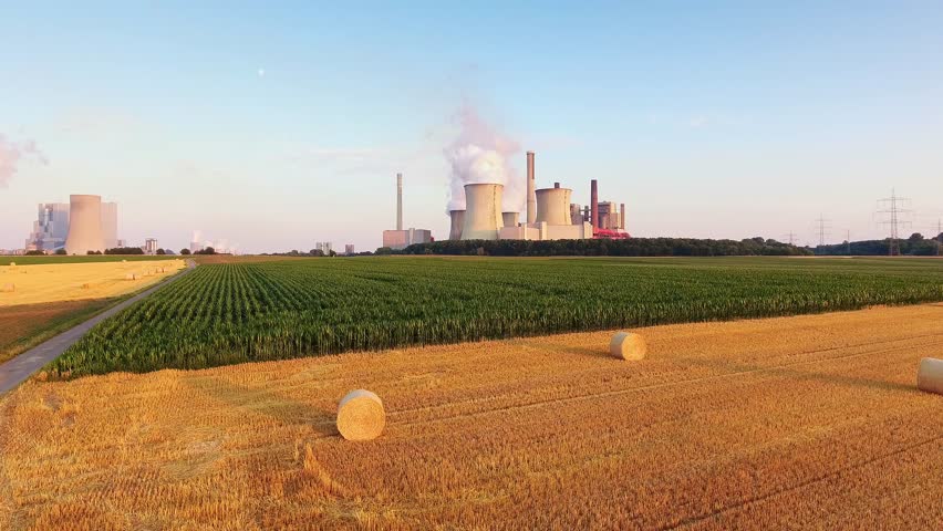 Aerial Shot Of Coal Fired Power Stations Niederaussem and Neurath, North Rhine-Westphalia, Germany,
