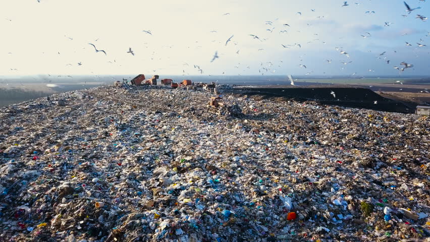 City Dump. The Bulldozer Moves Along the Landfill, Leveling the Garbage. Gulls Feeding on Food Waste Fly Over It. Aerial View | Shutterstock HD Video #1008733682