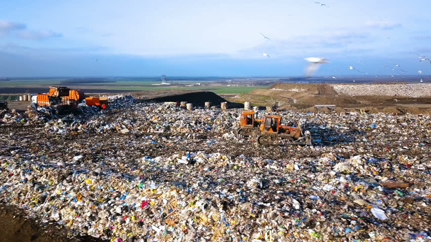 City Dump. The Bulldozer Moves Along the Landfill, Leveling the Garbage. Gulls Feeding on Food Waste Fly Over It. Aerial View | Shutterstock HD Video #1008733688