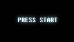 retro videogame PRESS START text computer HUD holographic glitch interference noise screen animation seamless loop New quality universal vintage motion dynamic animated background colorful video
