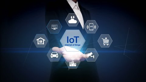 Businesswoman open palm, IoT hexagon icon, Home security, cctv, smart city, mobile app, car, internet of thing. 