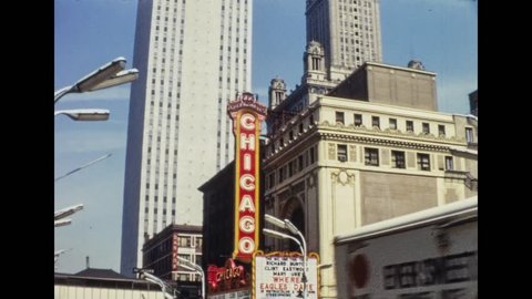 Chicago, 1961: Vintage Sign, street view, skyscrapers and shops of Downtown, on 1961 in Chicago, USA