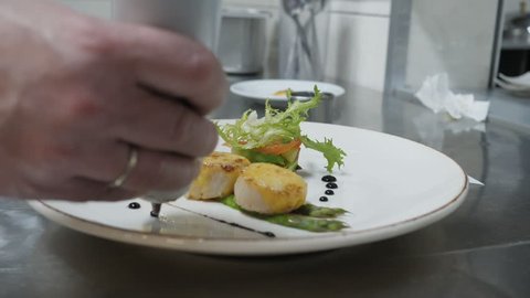 Delicates, dish with sea buckets and salad, chef finishes cooking the dish decorates the dish with sauce, restaurant dish