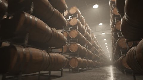 03253 Whiskey or wine barrels stacked in rows at the warehouse