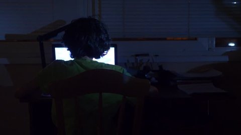 boy uses a laptop in a dark room, 4k, view from the back