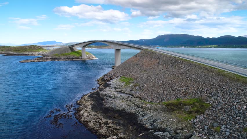 Aerial view Atlantic Ocean Road or the Atlantic Road (Atlanterhavsveien) been awarded the title as (Norwegian Construction of the Century). The road classified as a National Tourist Route.