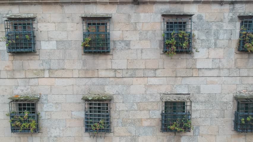 Sidewise aerial shot windows of building in Santiago de Compostela