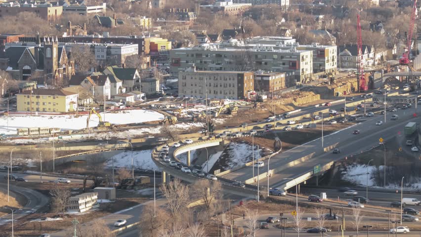A High Angle Telephoto Shot of Afternoon Rush Hour on a Minneapolis Highway Interchange 4K UHD Timelapse