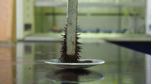 Physics of magnetic metals. Magnet with iron fining attached to the magnet in a laboratory setting.