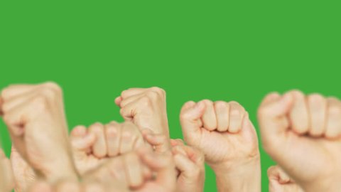 Crowd people with clenched fists up walking forward on protest meeting green background. Crowd moving up hand fists on green chroma key background. Alpha channel, keyed green screen.
