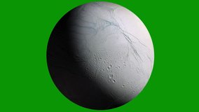 Loopable W/Alpha: Hi-res 3D image of Enceladus, moon of Saturn, gently rotates against green screen background. Elements of this clip furnished by NASA. Straight color with luma matte.  