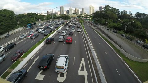 Sao Paulo, Brazil, March 16, 2018 Traffic on the famous 23 de Maio Avenue in Sao Paulo, Brazil. This avenue run past Ibirapuera Park. 
