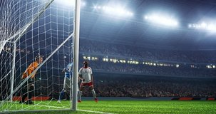 Soccer game moment on a professional soccer stadium. Stadium and crowd is made in 3D and animated