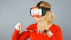virtual glasses wearing woman is eating and drinking the virtual food and drink 