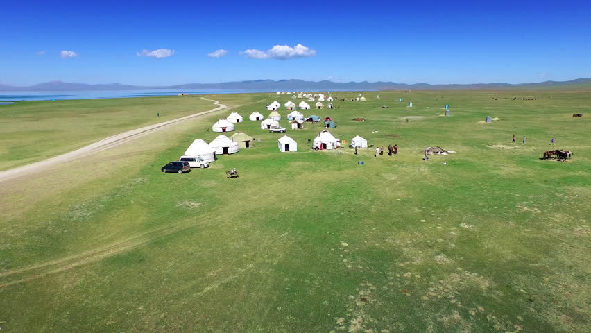 aerial shot over a yurt campsite in Naryn Province, Kyrgyzstan during summer