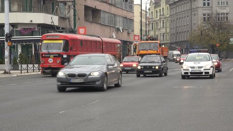 SARAJEVO, BOSNIA & HERZEGOVINA - NOVEMBER 2017: Traffic drives through the streets of Sarajevo, capital city of Bosnia and Herzegovina