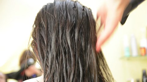 Drying wet long hair with a hair dryer in the beauty salon
