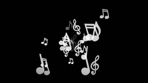 White musical notes move to the sides on a black background
