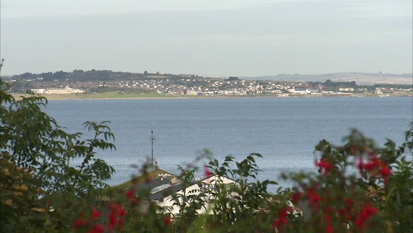 Long shot of a white building town across the bay. The foreground is full of red flowers and bush, with a large body of water in the middle.