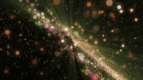 Space gold background with particles. Space golden dust with stars on black background. Sunlight of beams and gloss of particles galaxies.