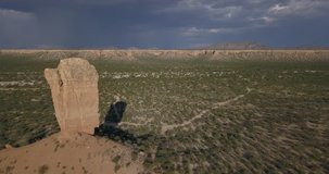 4K sunny summer midday aerial footage of Vingerklip rock, dramatic Urab Terraces rock formations landscape near town Khorixas enroute to Etosha National Park, central-northern Namibia, southern Africa