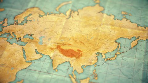 Zoom in from World Map to Asia. Old well used world map with crumpled paper and distressed folds. Vintage sepia colors. Blank version
