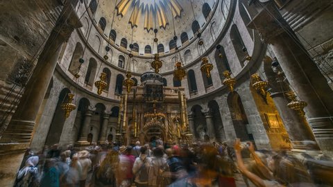 Jerusalem 10.03.2018: Pilgrims at the church of the Holy Sepulchre in Jerusalem, 4k time lapse