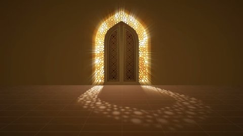 Mosque door with glowing light from behind arabic geometric pattern for islamic ramadan and eid greeting motion graphic