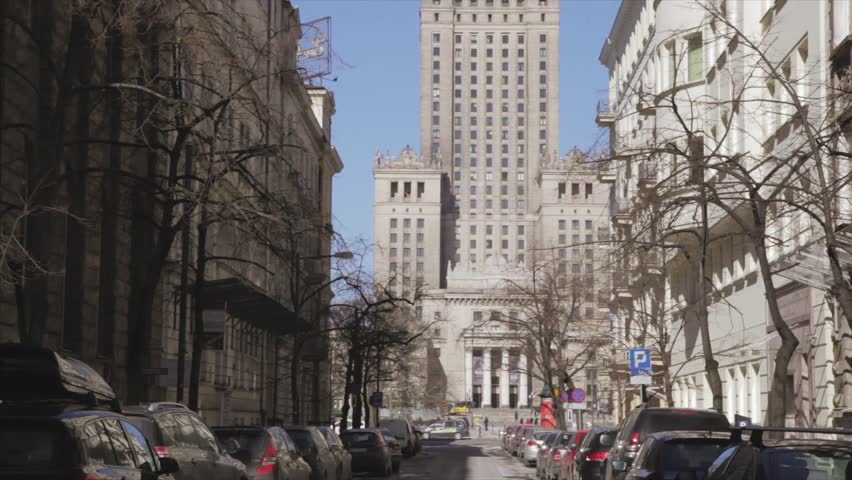 Busy Warsaw city centre with Palace of Culture and Science and other new skyscrapers in the view. One of the highest building of Europe. The Palace of Culture and Science in Warsaw Poland was donated.
