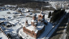 Aerial view video of the Exaltation of the Holy cross Church in Darna village, Moscow region, Russia