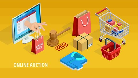 Online shopping isometric composition animation available in 4k UHD FullHD and HD 3d loopable realistic video footage