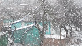 Blizzard, snow, large flakes falling on an old house in the province. Blurred video