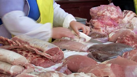 Market. Ukraine. Meat on the counter. Meat. Fat