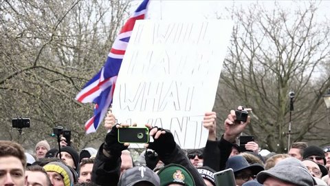 London, United Kingdom (UK) - 03 18 2018: Far right protestor holds up “I will hate what I want” placard