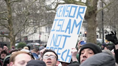 London, United Kingdom (UK) - 03 18 2018: Far right protestor holds up “Censor Islam Not Speech” placard