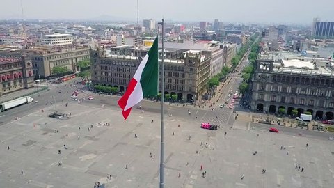 Mexico City - aerial view, the zocalo in mexico city, with the giant flag in the centre, Mexican Flag waving high over Mexico, Constitution Plaza