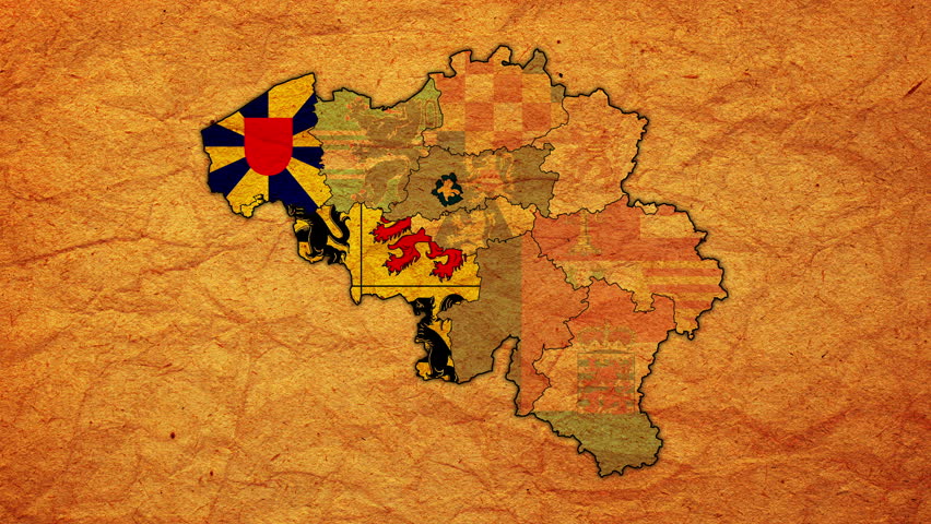 Vintage administration map of belgium with flashing flags of administrative divisions
