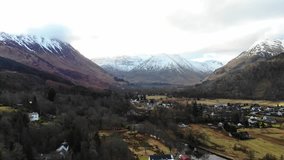 Aerial drone footage of Scottish winter landscape, lochs and snowcapped mountains.