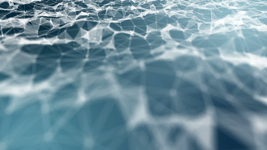 Transforming wave from points, lines and triangles. Dark blue gradient background. Place for text. Cinematographic space business background. Seamless loop.