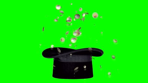 Magic trick with hat and coins on green screen