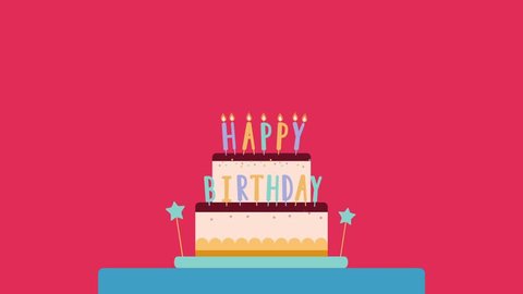 Happy Birthday animated greeting card. Cake with candles and bengal lights. Flat illustration. Motion design