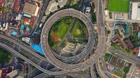 SHANGHAI, CHINA - SEPTEMBER 8, 2017: sunny day shanghai city famous traffic round road junction aerial top view 4k circa september 8 2017 shanghai, china.