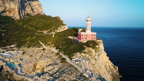 Beaurtiful aerial 4K drone footage of the Punta Carena lighthouse, Capri, Italy. 