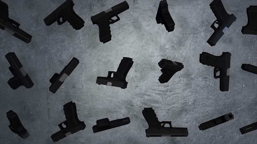 Animation of rotation guns on grey background. Revolver firearm gun chrome, alpha channel. 3D animation loop