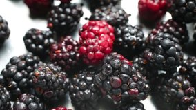 Close slow motion video of ripe blackberries being rinsed with water in a stainless steel colander.