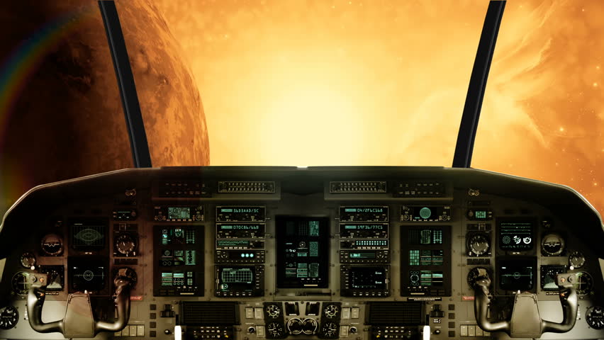 Inside a Spaceship Cockpit Flying Towards a Bright Sun
