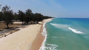 Aerial video of turquoise ocean seascape scenic at Terengganu beach, Malaysia.