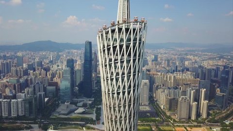 GUANGZHOU, CHINA - SEPTEMBER 25 2017: sunny guangzhou downtown famous canton tower view point top aerial close up 4k circa september 25 2017 guangzhou, china.